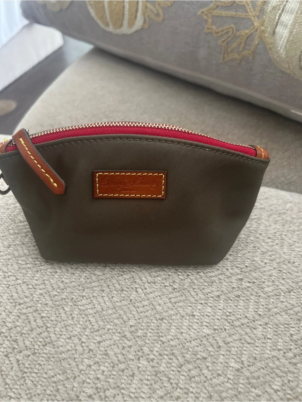Dooney & Bourke Olive Nylon Cosmetic Pouch with Red Zipper and Leather Logo